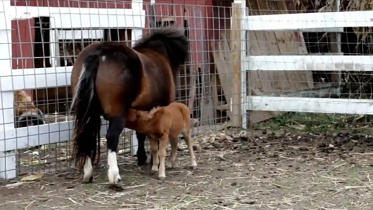 Un potro árabe rojo amamantando a su madre.
