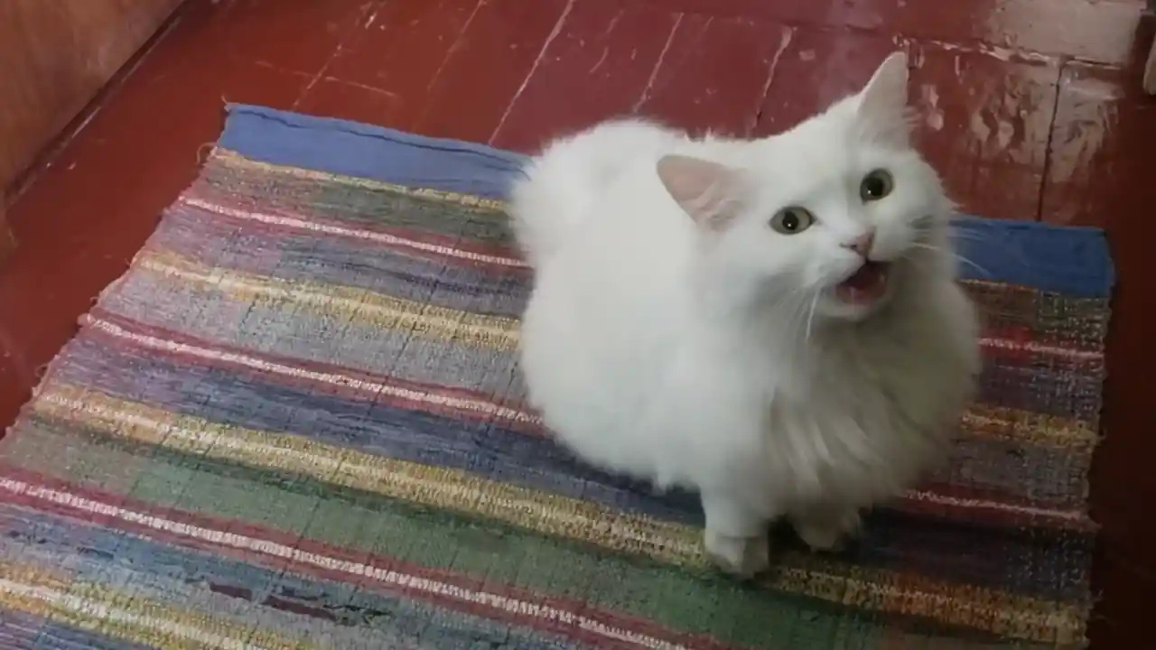 Un gato blanco maúlla a su dueño.