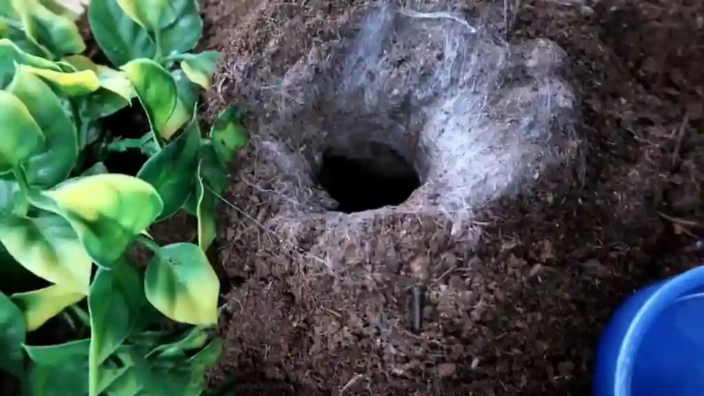 Entrada de madriguera de tarántula terrestre cubierta con seda sobre sustrato húmedo en terrario con vegetación artificial