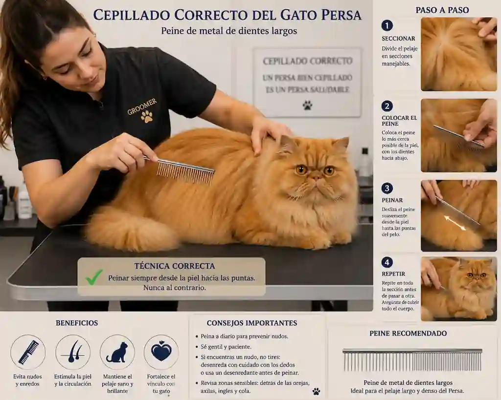 Propietaria cepillando con peine de metal de dientes largos a un gato persa de color naranja sobre una mesa de aseo, mostrando la técnica correcta de peinar desde la piel hacia las puntas