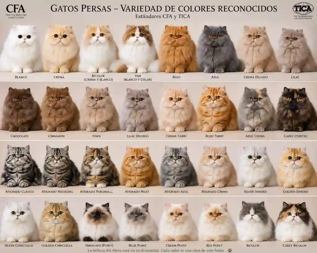 Varios gatos persas de diferentes colores — blanco, azul, atigrado plateado y bicolor — mostrando la gran variedad de coloraciones reconocidas por los estándares de raza CFA y TICA