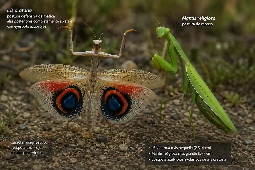 Iris oratoria en postura defensiva deimatica con las alas posteriores completamente abiertas mostrando el eyespot azul-rojo característico, junto a Mantis religiosa en postura de reposo, evidenciando las diferencias de tamaño y el carácter diagnóstico del eyespot de Iris oratoria