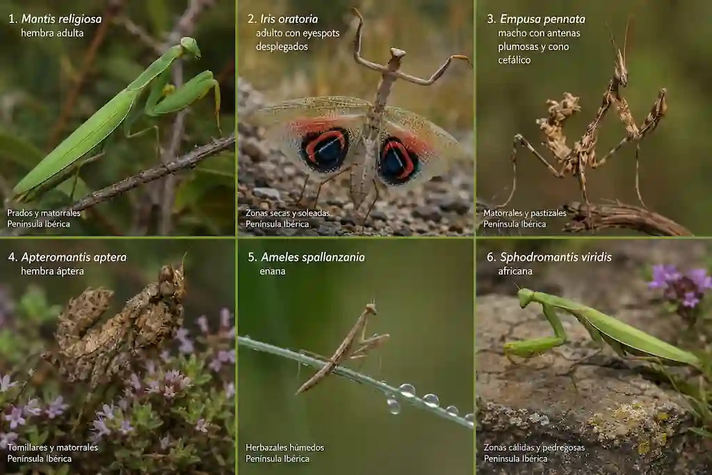 Mosaico de seis especies de mantis ibéricas: Mantis religiosa verde adulta, Iris oratoria con eyespots azul-rojos desplegados, Empusa pennata macho con antenas plumosas y cono cefálico, Apteromantis aptera hembra áptera sobre tomillo, Ameles spallanzania enana y Sphodromantis viridis africana, todas fotografiadas en sus hábitats naturales de la Península Ibérica