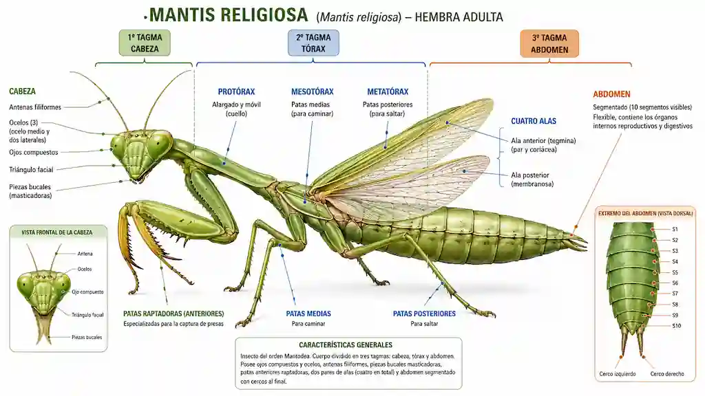 Diagrama anatómico completo de Mantis religiosa adulta hembra con los tres tagmas señalados: cabeza triangular con ojos compuestos y ocelos, protórax alargado, mesotórax y metatórax con las cuatro alas, y abdomen segmentado con cerci visibles
