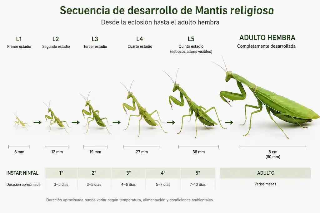 Secuencia de desarrollo de Mantis religiosa mostrando de izquierda a derecha una ninfa de quinto estadio L5 de 38 mm con esbozos alares visibles, y un adulto hembra de 8 cm completamente desarrollado, ilustrando el crecimiento a través de los instares ninfales