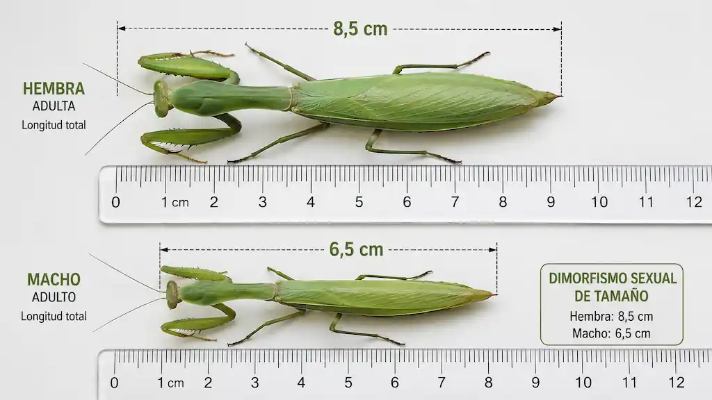 Mantis religiosa hembra adulta de morfo verde junto a regla métrica mostrando su longitud total de 8,5 cm desde la cabeza hasta la punta del abdomen, con un macho más pequeño de 6,5 cm al lado para ilustrar el dimorfismo sexual de tamaño