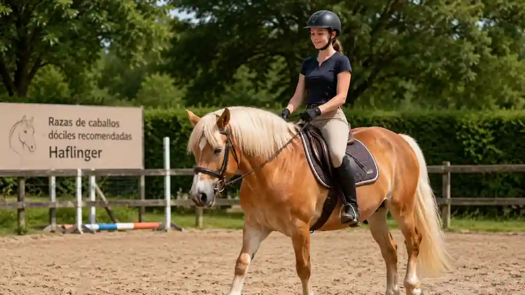 Principiante montando una de las razas de caballos dóciles recomendadas, un Haflinger de temperamento calmado, en un picadero
