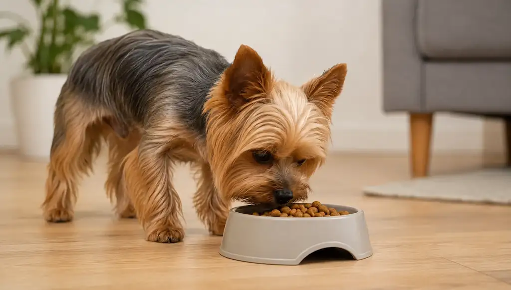 Alimentación razas pequeñas de perro: yorkshire terrier comiendo croquetas de tamaño reducido en un comedero bajo