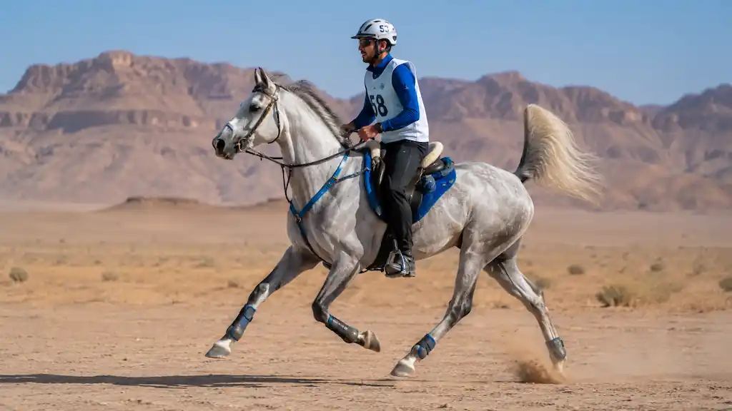 Caballo árabe de carreras galopando en una prueba de resistencia por terreno desértico, mostrando su perfil dished y cola alta