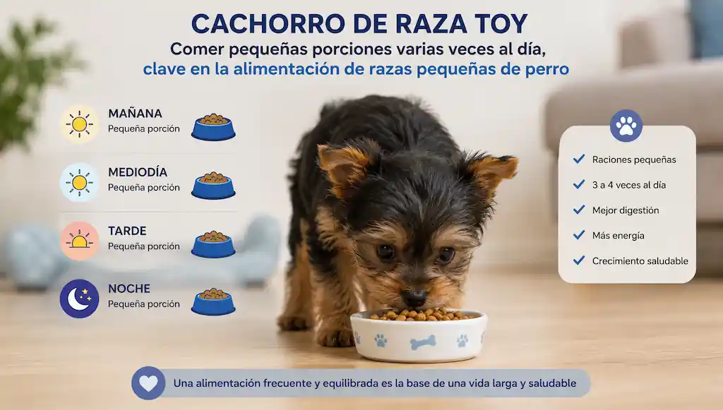 Cachorro de raza toy comiendo pequeñas porciones varias veces al día, clave en la alimentación de razas pequeñas de perro