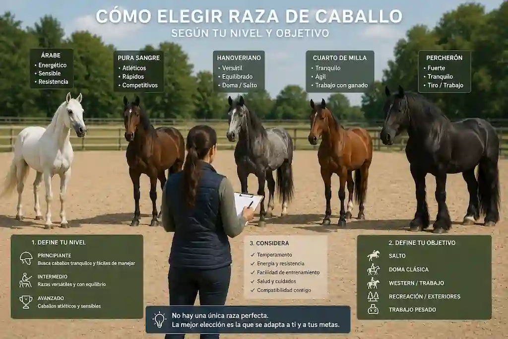 Persona evaluando distintas razas de caballo en un picadero para decidir cómo elegir raza de caballo según su nivel y objetivo