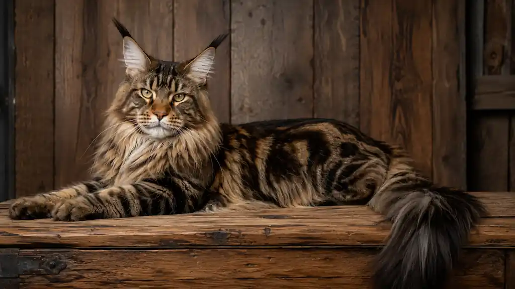Gato Maine Coon macho adulto de color marrón tabby con manchas negras, cola larga en penacho y orejas con mechones de lince prominentes, posando sobre una superficie de madera rústica
