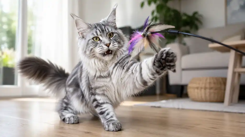 Gato Maine Coon plateado atigrado jugando con una varita de juguete en el interior de un hogar luminoso, mostrando su disposición activa y su expresión abierta y curiosa característica de la raza