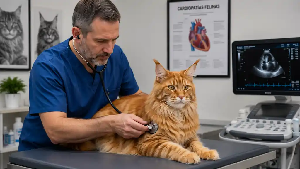 Veterinario realizando una auscultación cardíaca con estetoscopio a un gato Maine Coon naranja sobre mesa de exploración, evaluando posibles signos de cardiomiopatía hipertrófica en la raza