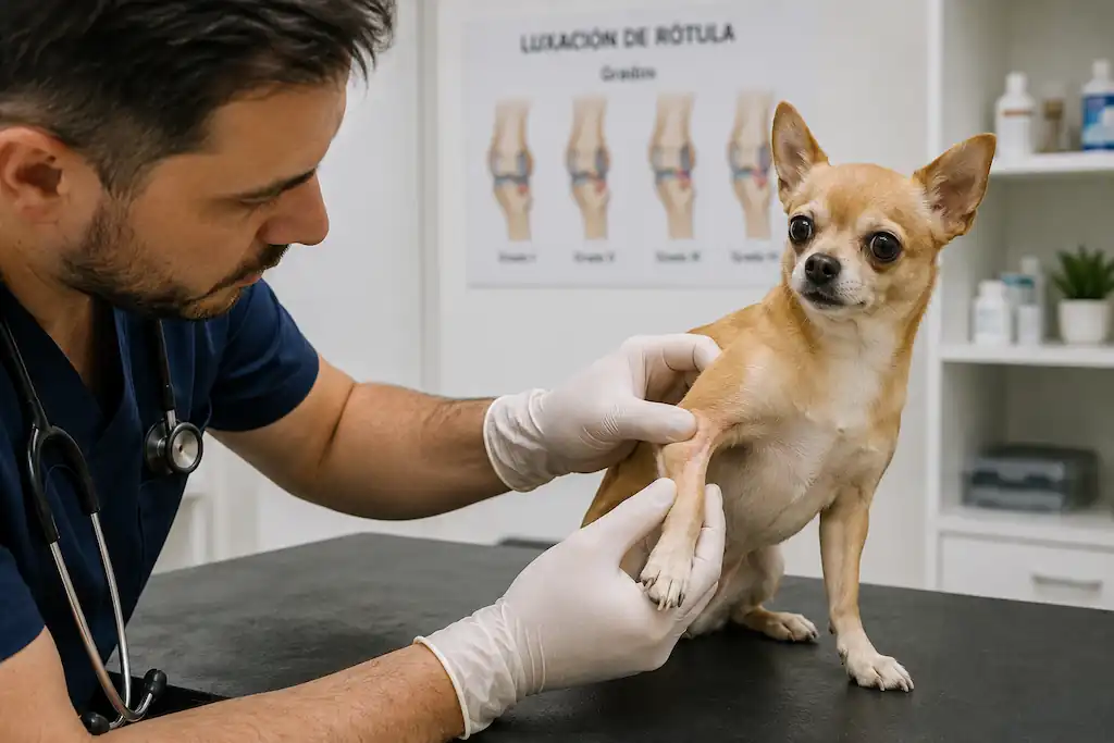 Problemas de salud en perros pequeños: veterinario explorando la articulación de la rodilla de un chihuahua para detectar luxación de rótula