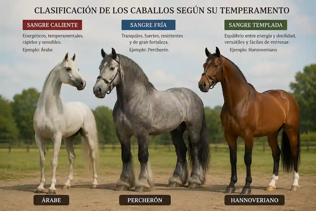 Tres caballos representando la clasificación de sangre caliente fría templada en caballos: un árabe, un percherón y un hannoveriano juntos