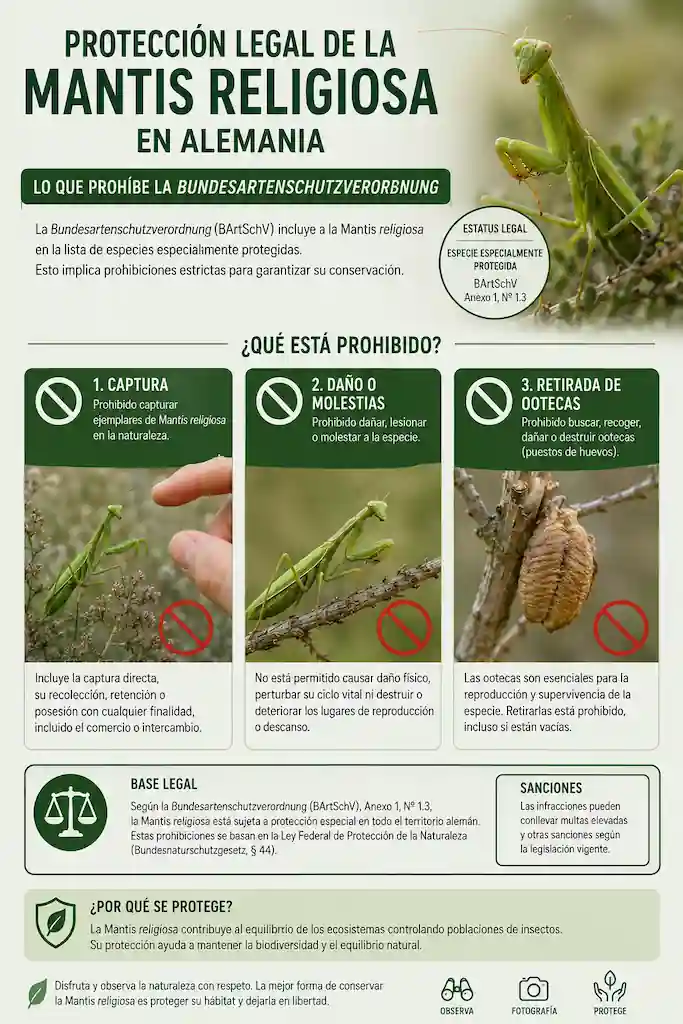 Infografía de lo que prohíbe la Bundesartenschutzverordnung alemana sobre la mantis religiosa: captura, daño y retirada de oothecas