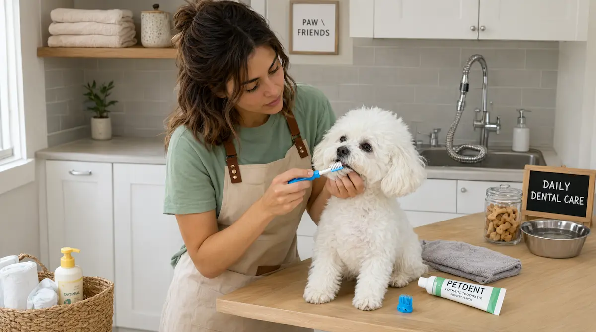 Persona cepillando los dientes de una raza de perro pequeño como parte de su rutina de aseo básico