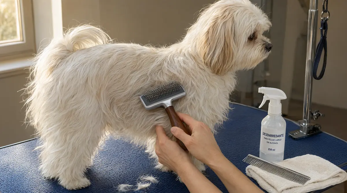 Cepillado del pelaje largo de una raza de perro pequeña para prevenir la formación de nudos