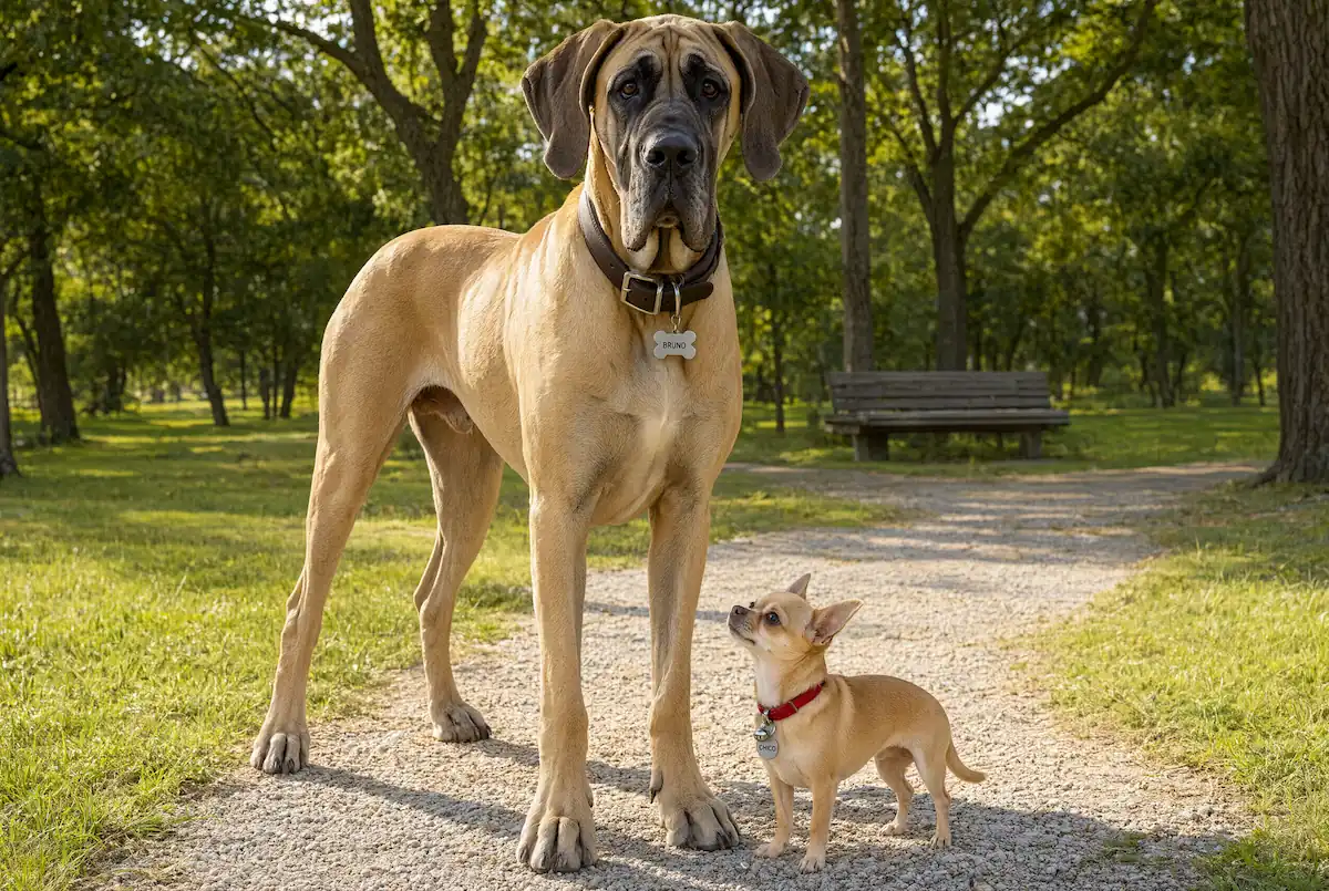 Comparativa visual entre un perro de raza pequeña y un perro de raza grande de pie uno junto al otro