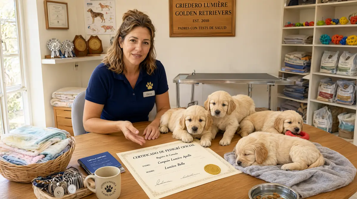 Criador responsable mostrando la documentación de pedigrí de una camada de cachorros de raza