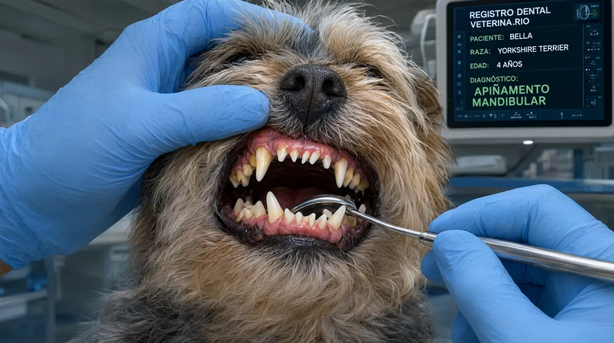 Revisión dental de una raza de perro pequeña mostrando el apiñamiento característico de mandíbulas reducidas