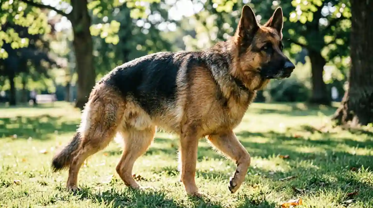 Displasia de cadera en razas de perros grandes: pastor alemán joven caminando en el parque mostrando su estructura ósea grande