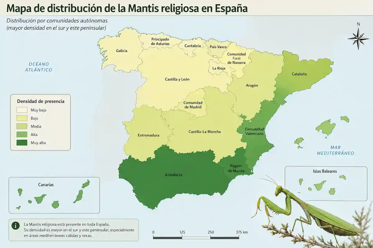 Mapa de distribución de la mantis religiosa por comunidades autónomas de España, con mayor densidad en el sur y este peninsular