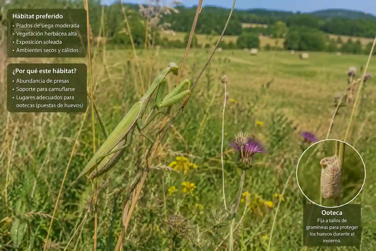 Dónde vive la mantis religiosa: ejemplar posado en un prado de siega moderada, el microhábitat que prefiere para cazar y poner huevos