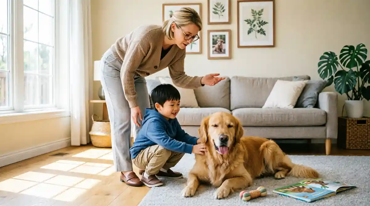 Educador canino supervisando una sesión de socialización entre un niño y un perro de familia