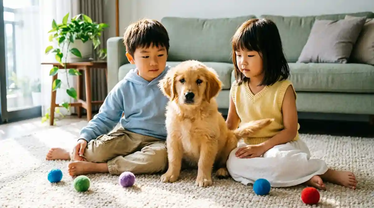 Errores al elegir un perro familiar: niños jugando con un cachorro en el salón de casa antes de decidir la adopción