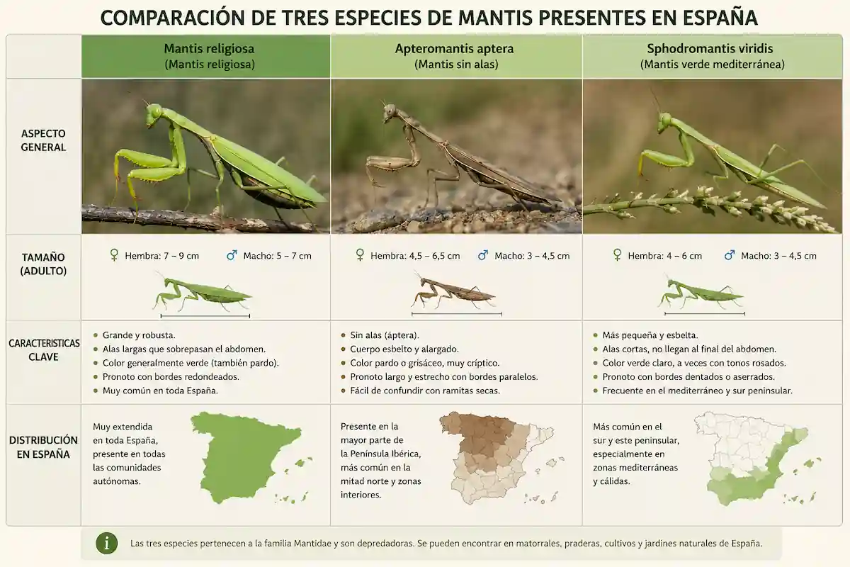 Comparación visual entre Mantis religiosa, Apteromantis aptera y Sphodromantis viridis, tres especies de mantis presentes en España