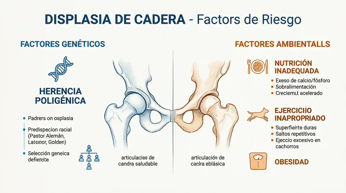 Infografía de los factores de riesgo genéticos y ambientales de la displasia de cadera en razas de perros grandes