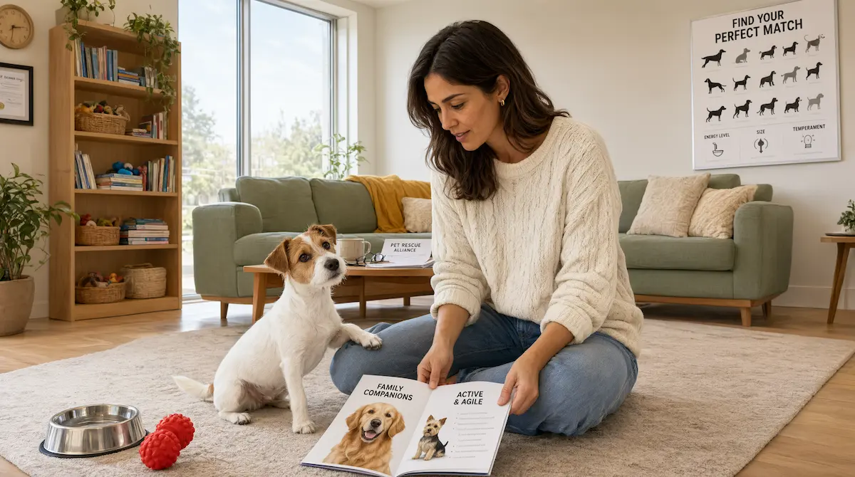 Persona evaluando junto a un perro pequeño los pasos clave para elegir la raza adecuada a su hogar