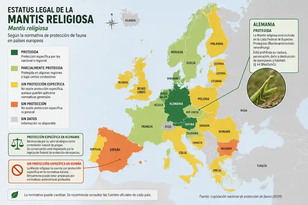 Mapa del estatus legal de la mantis religiosa por país europeo, mostrando protección específica en Alemania frente a ausencia de protección en España
