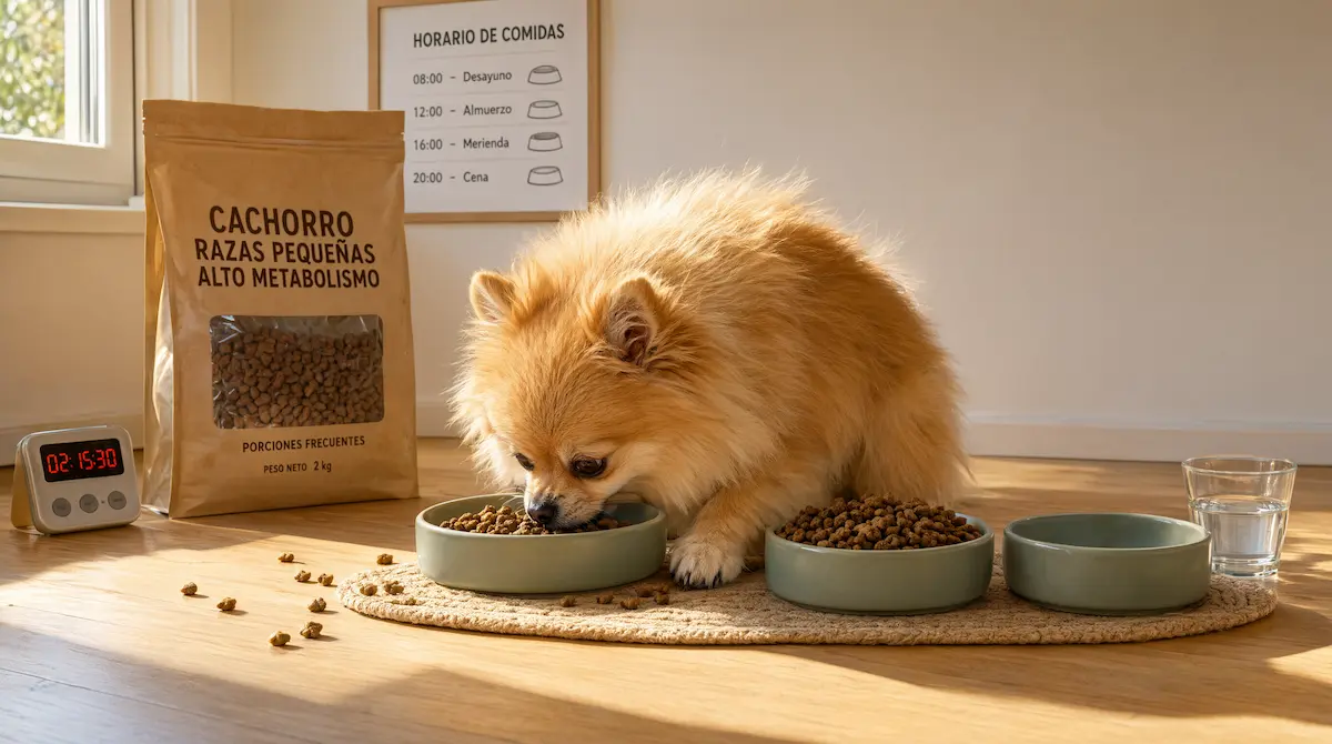 Cachorro de raza pequeña comiendo raciones frecuentes debido a su metabolismo acelerado