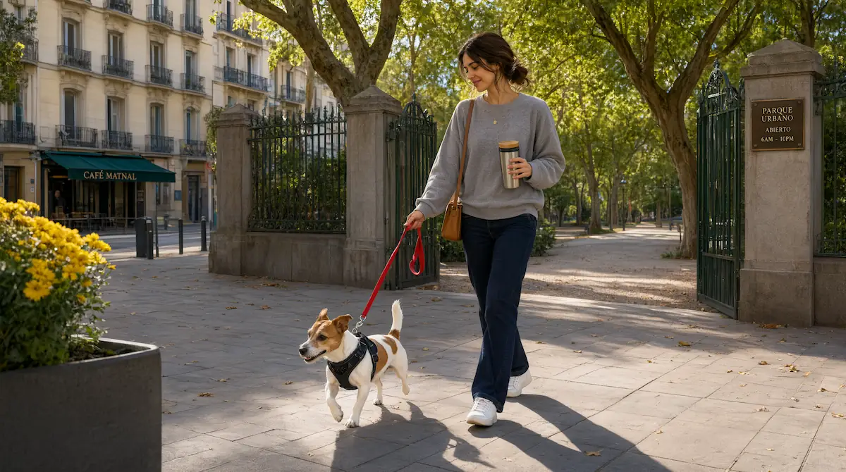 Rutina diaria de paseo con un perro de raza pequeña en una zona urbana con acceso a parque