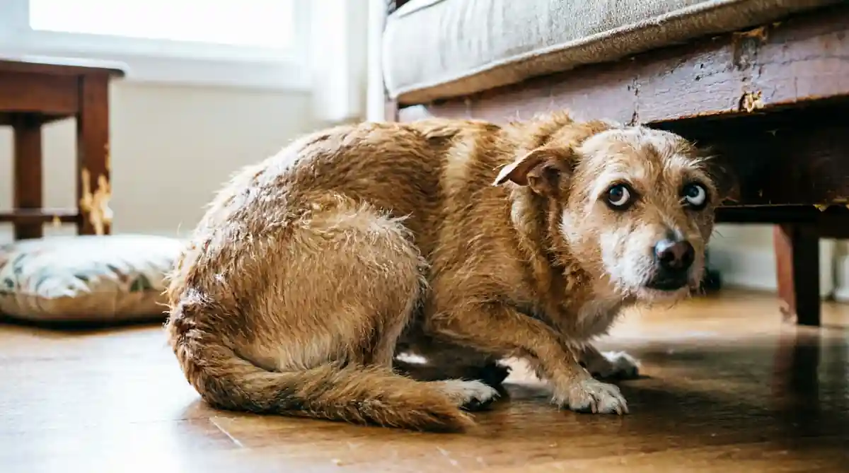 Perro de tamaño mediano escondido parcialmente bajo un sofá en una sala de estar, con orejas gachas, cola entre las patas y postura tensa, mostrando signos visibles de ansiedad y retraimiento en un nuevo hogar.