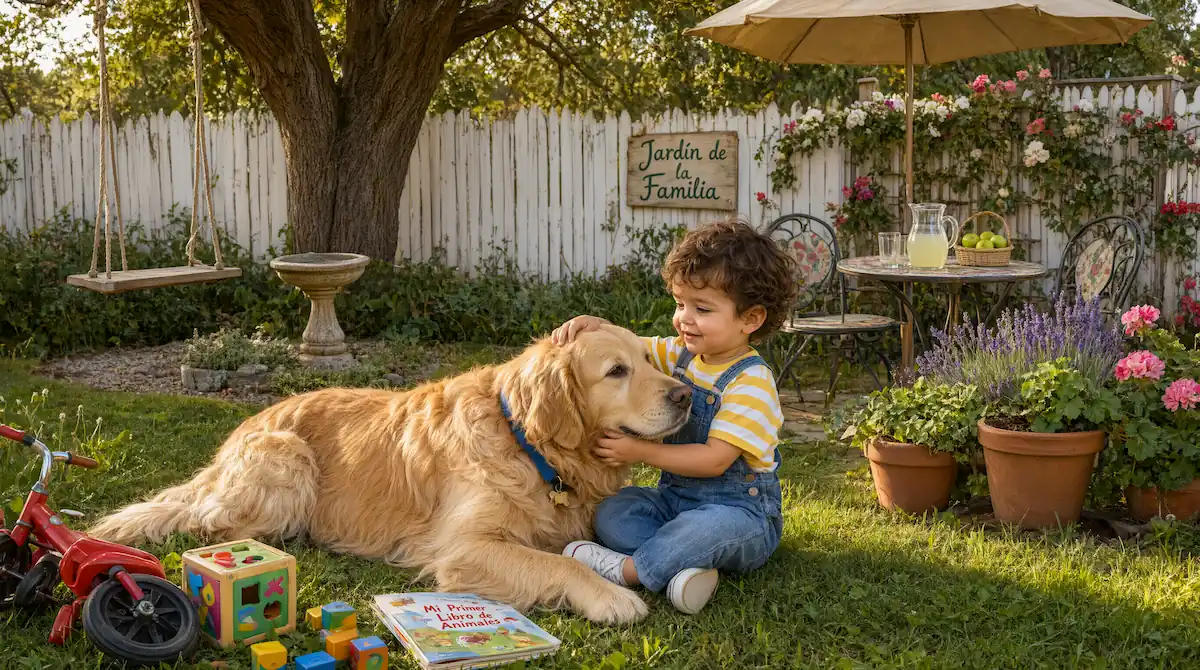 Perro de raza tranquila conviviendo de forma segura con un niño pequeño en un jardín familiar