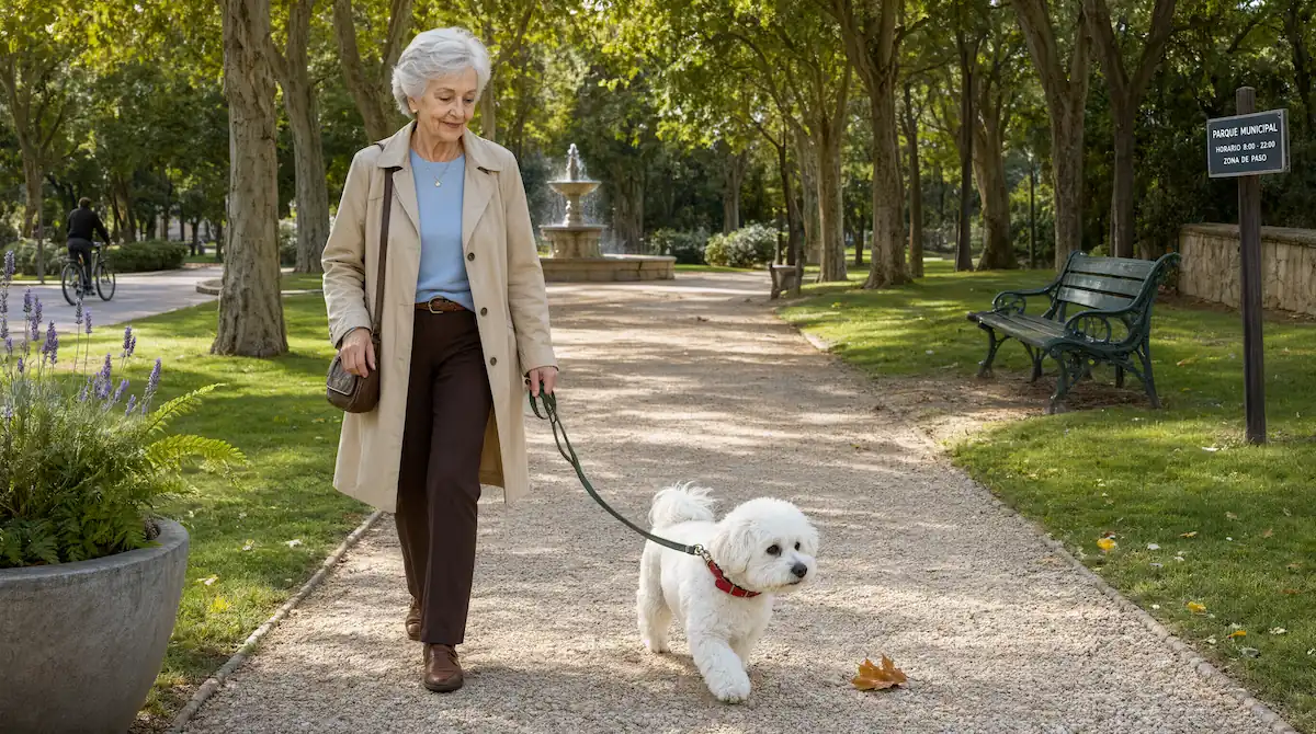 Persona mayor paseando con correa a una raza de perro pequeño en un parque tranquilo