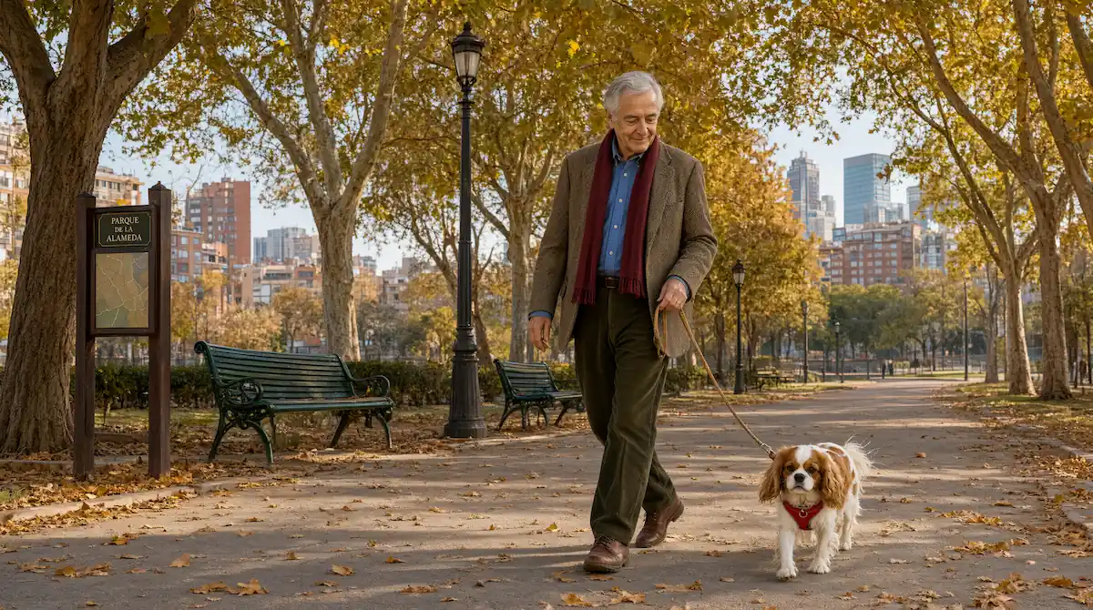 Persona mayor paseando con una raza de perro pequeño en un parque urbano tranquilo
