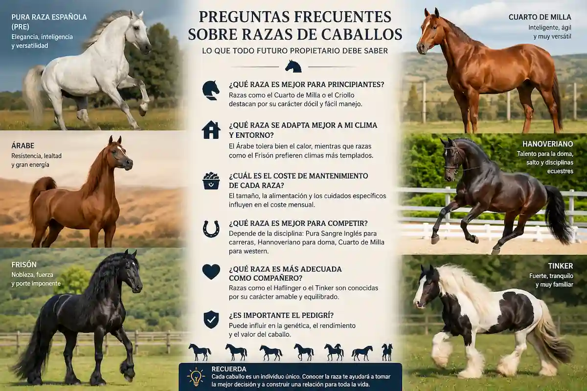 Collage de distintas razas de caballos ilustrando las preguntas frecuentes sobre razas de caballos más habituales entre futuros propietarios