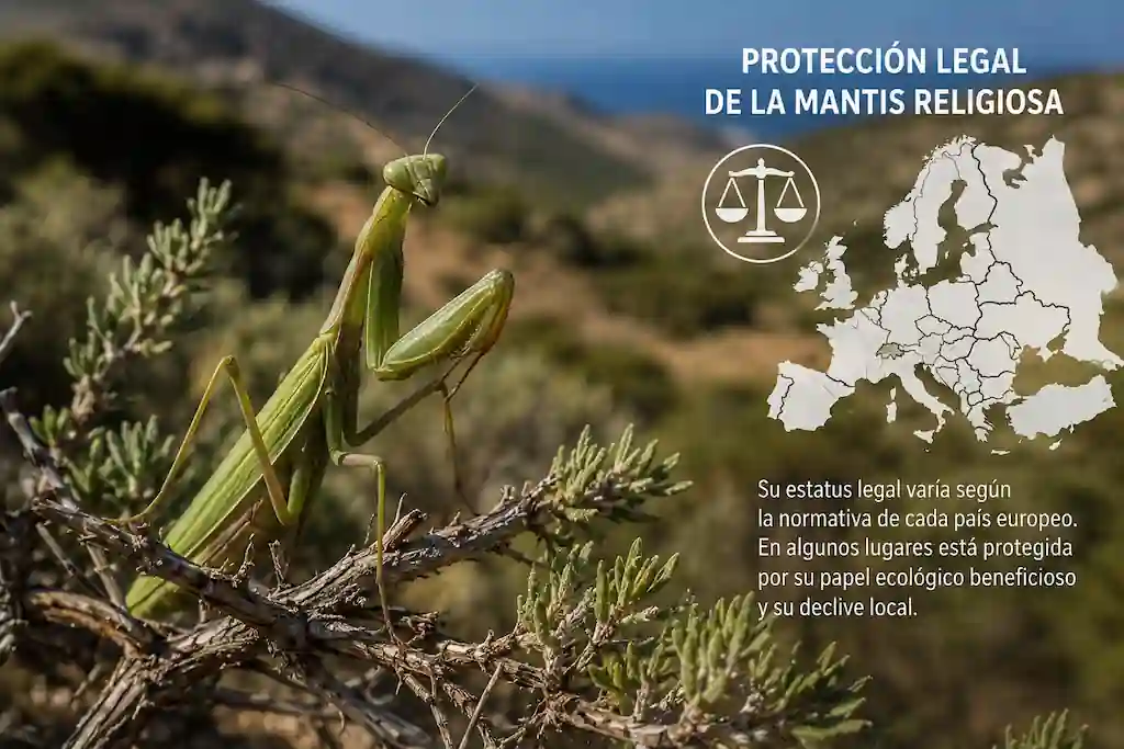 Protección legal de la mantis religiosa: ejemplar en su hábitat natural, un estatus que varía según la normativa de cada país europeo