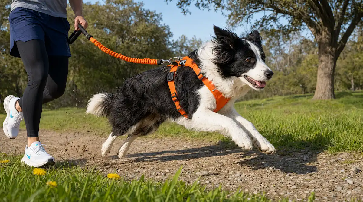 Raza de perro mediana realizando ejercicio activo al aire libre junto a su propietario