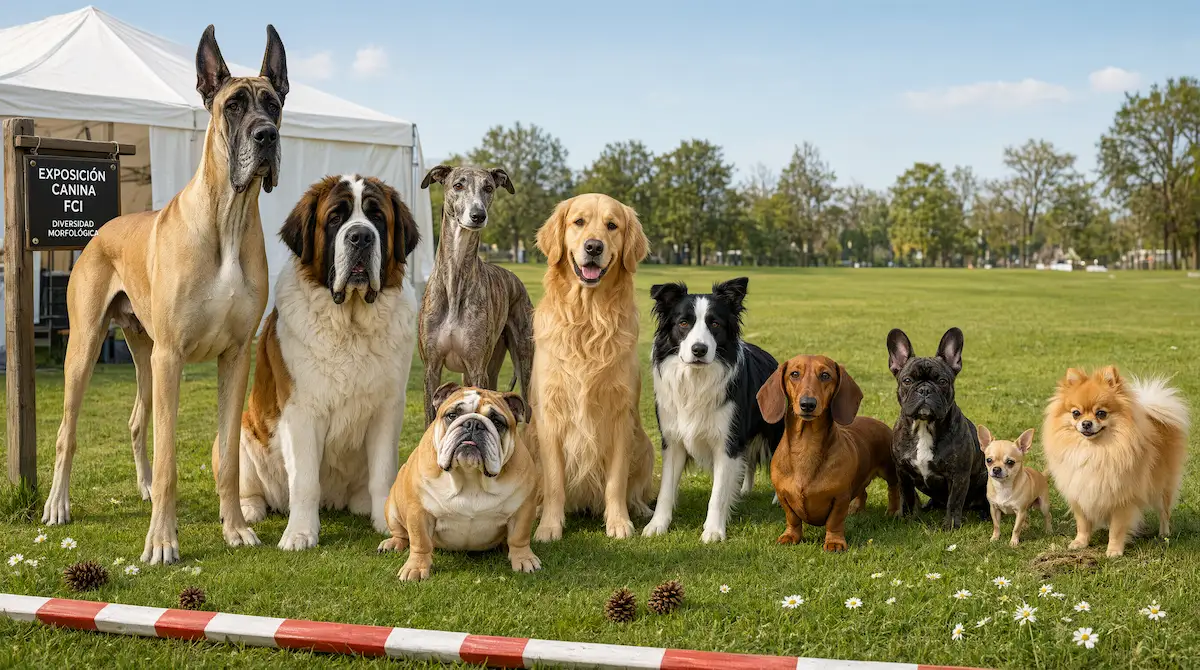 Razas de perros de distintos tamaños reunidas al aire libre, mostrando la diversidad morfológica reconocida por la FCI