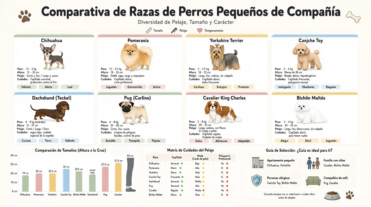 Comparativa de razas de perros pequeños de compañía reunidas mostrando su diversidad de pelaje y tamaño