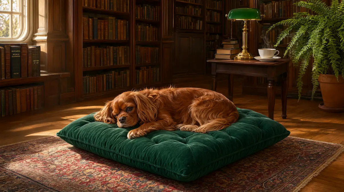 Perro de raza pequeña de temperamento tranquilo conviviendo en el salón de una vivienda familiar