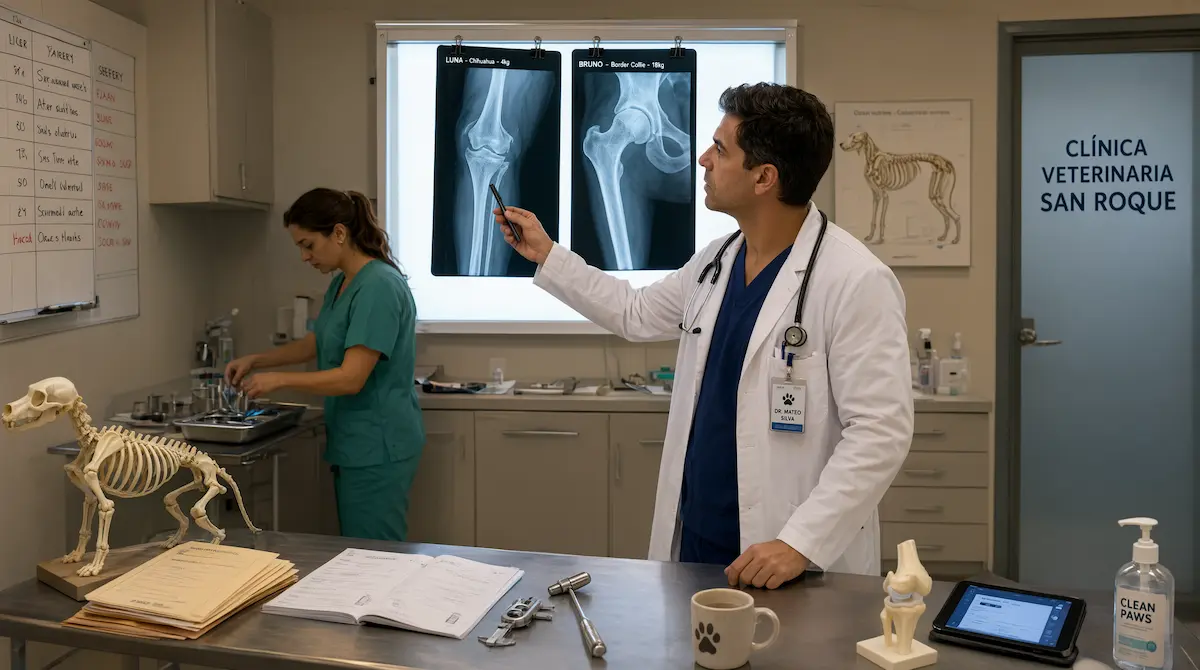 Veterinario comparando radiografías de articulaciones entre una raza pequeña y una raza mediana de perro