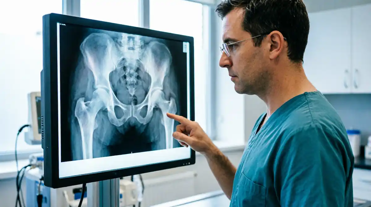 Veterinario examinando una radiografía de cadera canina que muestra signos anatómicos de displasia en un perro de raza grande dentro de una clínica veterinaria.

