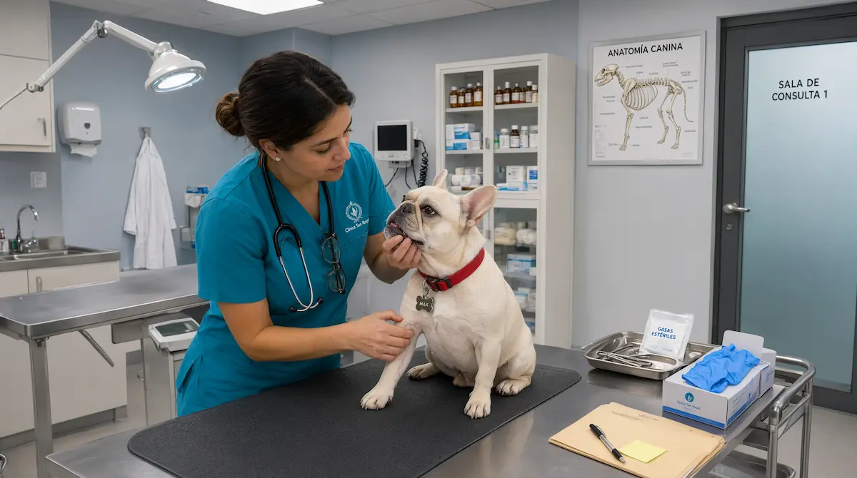 Veterinario examinando la boca y las articulaciones de una raza de perro pequeña en consulta clínica